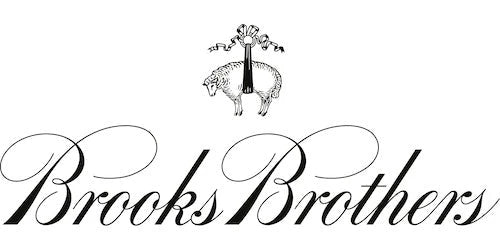 Brooks Brothers logo featuring a sheep suspended by a ribbon above the stylized brand name. Brooks Brothers logo featuring a sheep suspended by a ribbon above the stylized brand name.