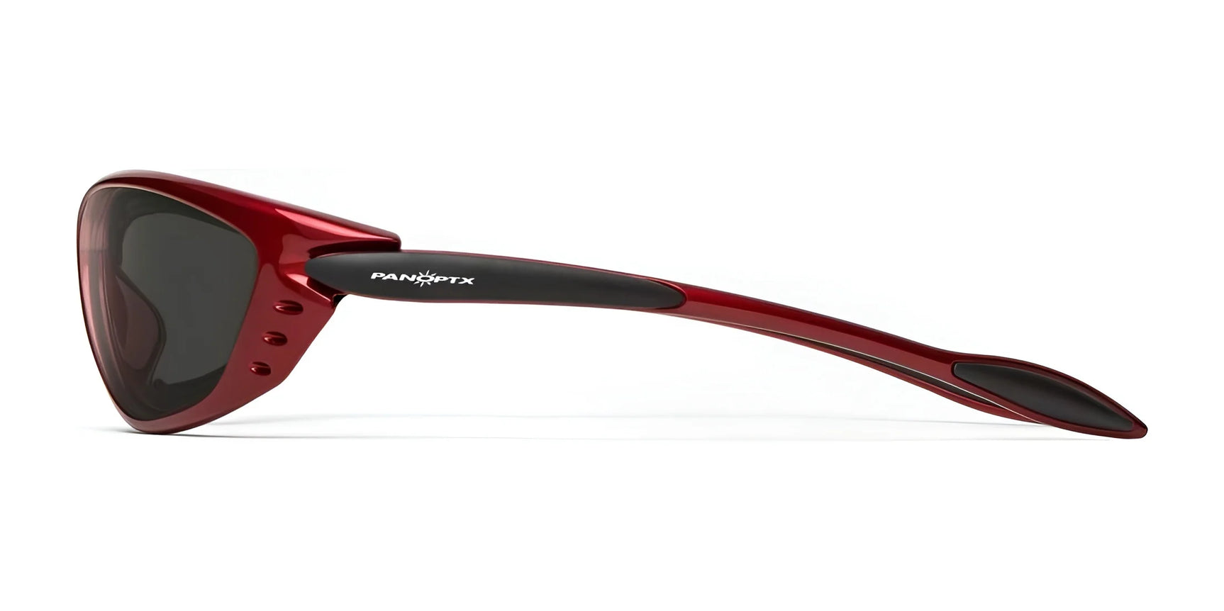 Side view of 7eye Rush Sunglasses displaying red wraparound frames and shatter-resistant black-tinted lenses. These sleek sunglasses offer UV protection and a slender curved arm for secure fit, crafted by 7eye. Side view of 7eye Rush Sunglasses displaying red wraparound frames and shatter-resistant black-tinted lenses. These sleek sunglasses offer UV protection and a slender curved arm for secure fit, crafted by 7eye.