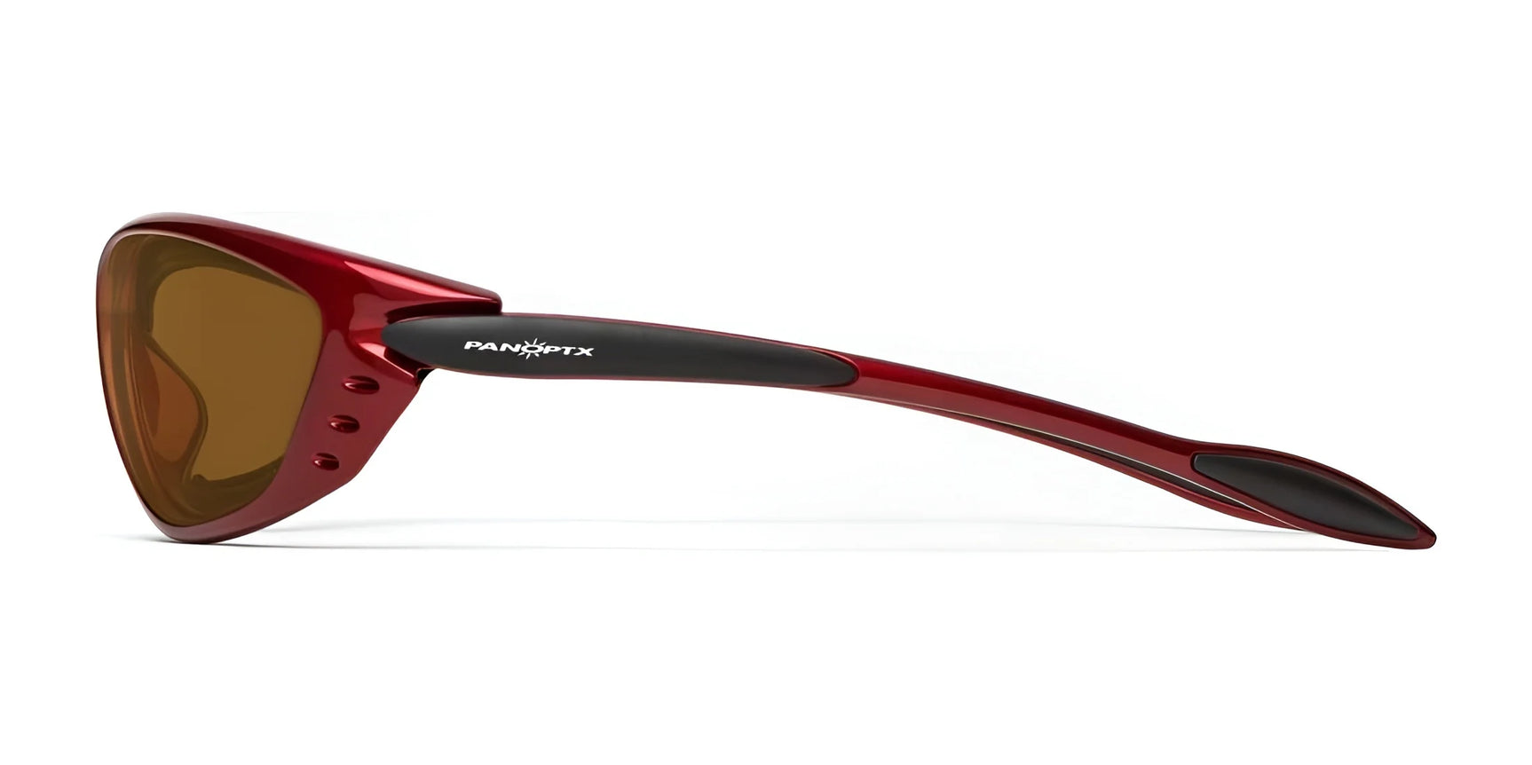 Side view of 7eye Rush Sunglasses featuring red frames, brown shatter-resistant lenses, black accents, and a sleek sporty design with UV protection. Side view of 7eye Rush Sunglasses featuring red frames, brown shatter-resistant lenses, black accents, and a sleek sporty design with UV protection.
