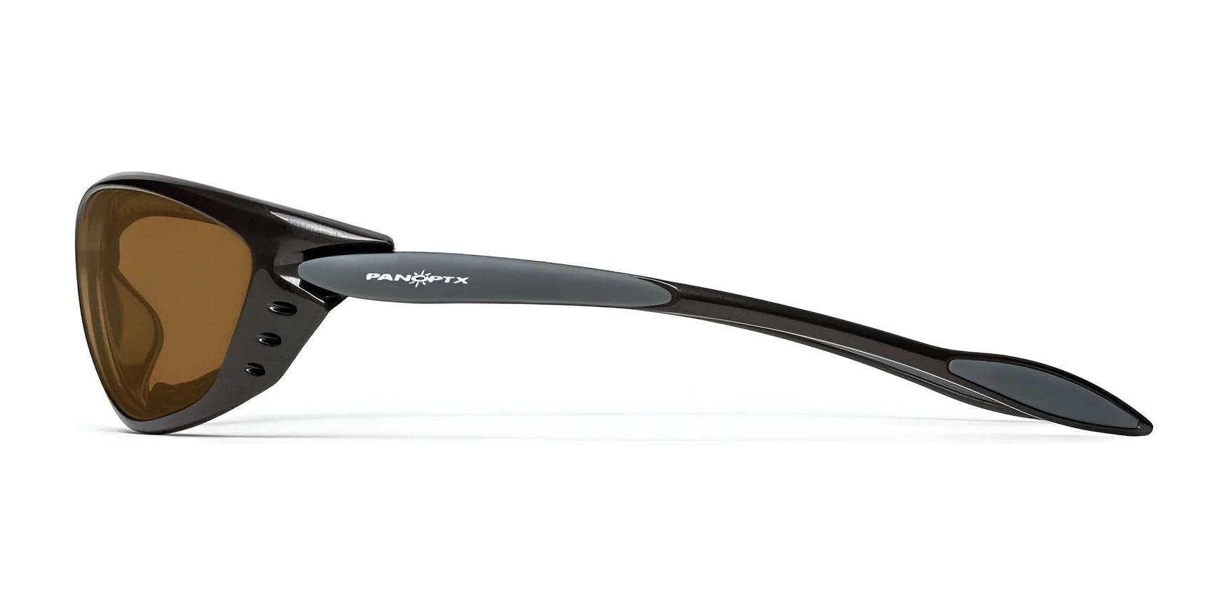 Side view of 7eye Rush Sunglasses with black frames, brown shatter-resistant lenses offering UV protection, and a small 7eye logo on the temple. Side view of 7eye Rush Sunglasses with black frames, brown shatter-resistant lenses offering UV protection, and a small 7eye logo on the temple.