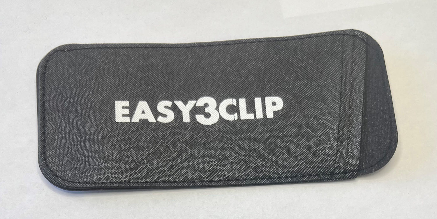 The EasyClip black fabric case, labeled with "EASY3CLIP" in white text, is perfect for storing your EasyClip magnetic clip-on sunglasses. The EasyClip black fabric case, labeled with "EASY3CLIP" in white text, is perfect for storing your EasyClip magnetic clip-on sunglasses.