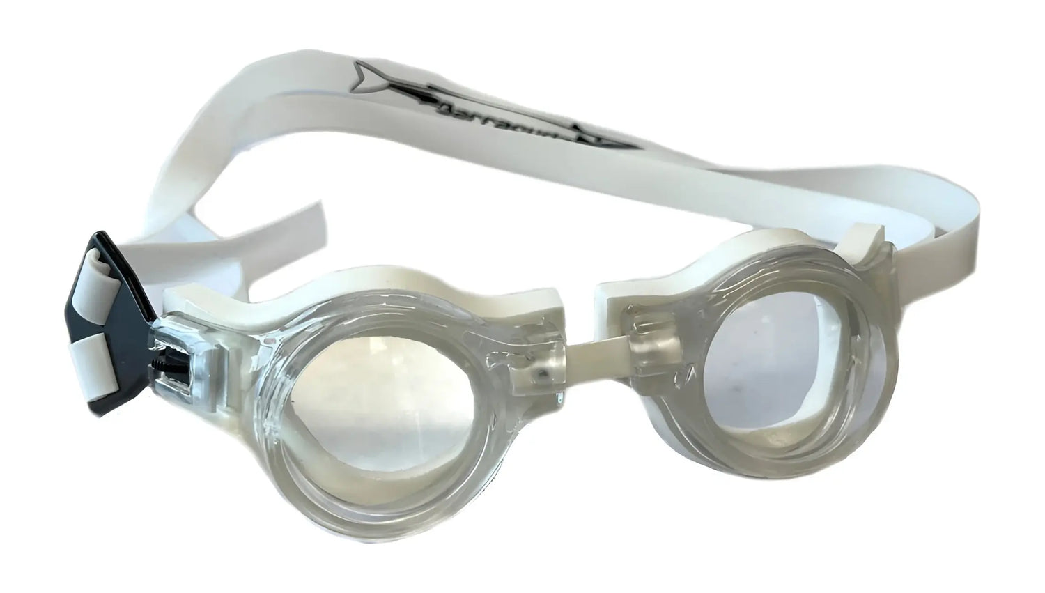 A pair of Barracuda Standard Swimming Goggles in clear with white straps and a black adjustment clip, perfect for fitness swimmers. A pair of Barracuda Standard Swimming Goggles in clear with white straps and a black adjustment clip, perfect for fitness swimmers.
