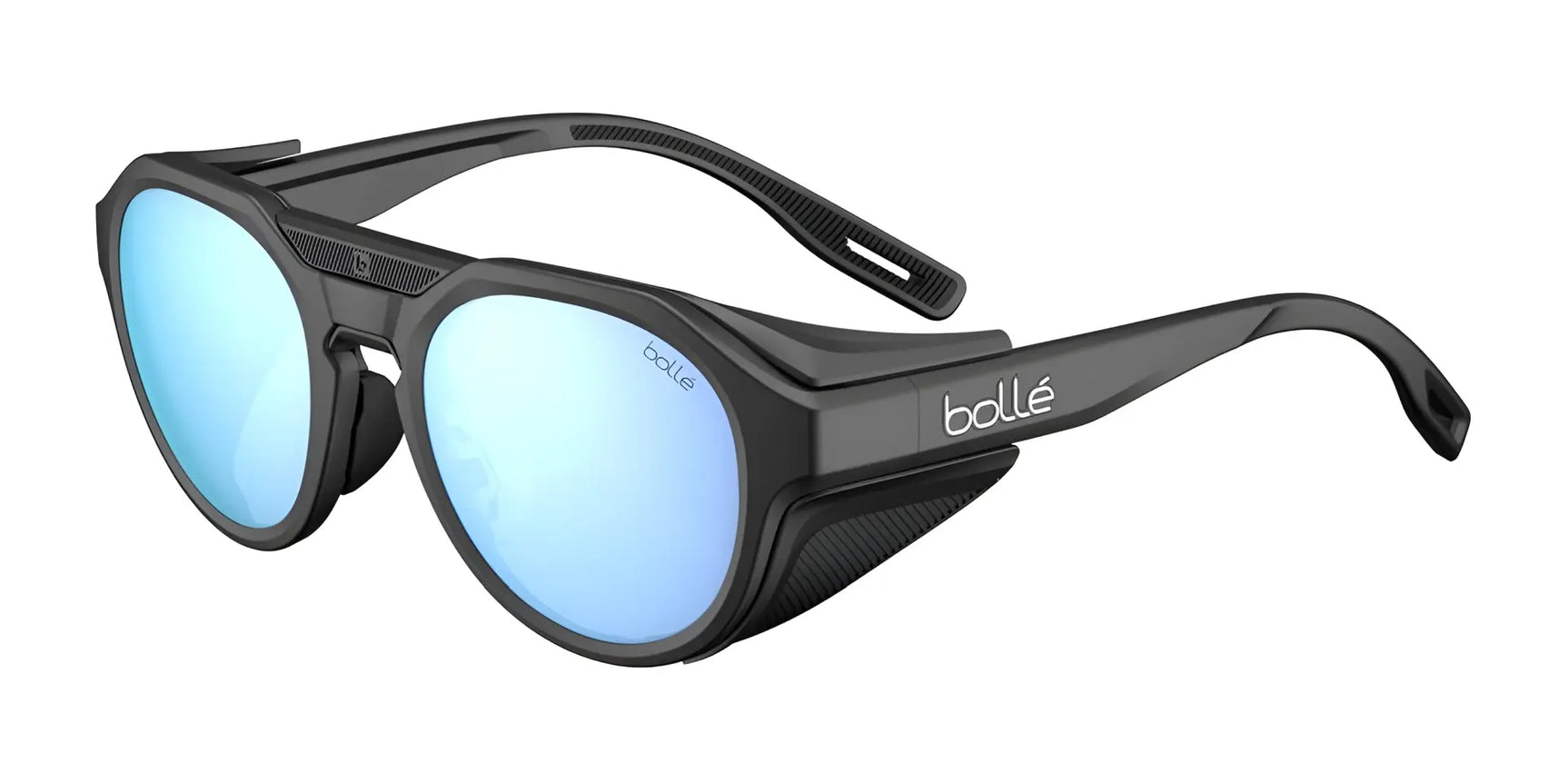 Bolle ASCENDER Sunglasses in Dark Blue Crystal with blue mirrored Solace4 lens and removable side shields, size 51, shown on a white background. Bolle ASCENDER Sunglasses in Dark Blue Crystal with blue mirrored Solace4 lens and removable side shields, size 51, shown on a white background.