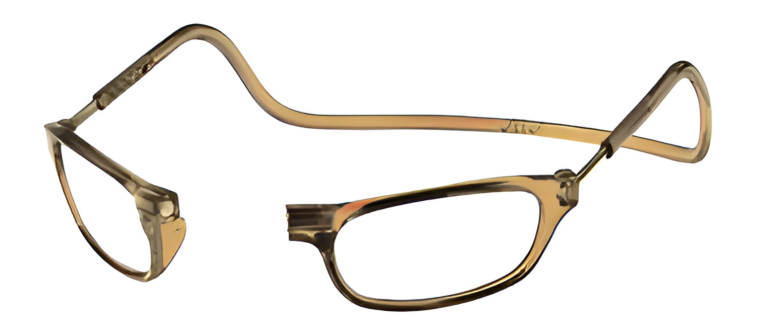 A pair of frameless, amber Clic Readers ORIGINAL Eyeglasses with straight temples curved inward at the ends, featuring a lightweight and durable design. A pair of frameless, amber Clic Readers ORIGINAL Eyeglasses with straight temples curved inward at the ends, featuring a lightweight and durable design.