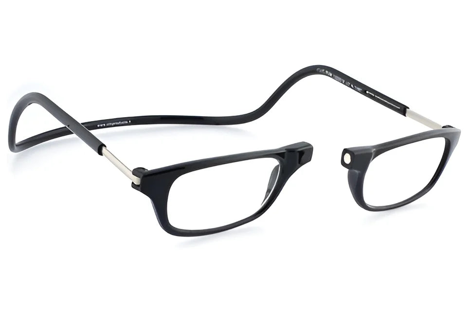 The Clic Readers ORIGINAL Eyeglasses in black feature magnetic clip-on reading glasses with separated frames, curved temples, and a lightweight, durable design. The Clic Readers ORIGINAL Eyeglasses in black feature magnetic clip-on reading glasses with separated frames, curved temples, and a lightweight, durable design.