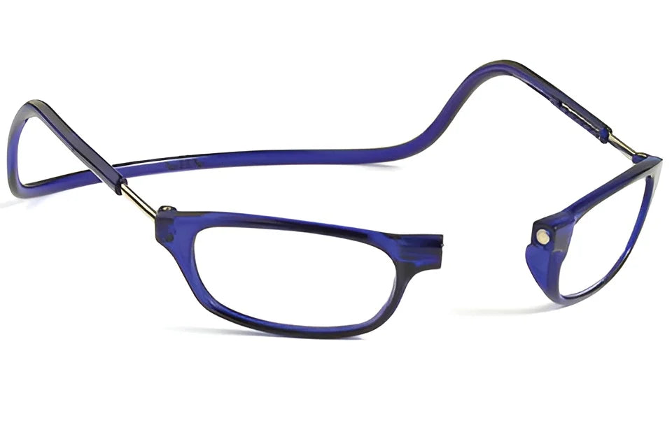 A pair of bright blue, frameless Clic Readers ORIGINAL Eyeglasses by Clic Readers with a lightweight and durable design, featuring a flexible wrap-around neck band. A pair of bright blue, frameless Clic Readers ORIGINAL Eyeglasses by Clic Readers with a lightweight and durable design, featuring a flexible wrap-around neck band.