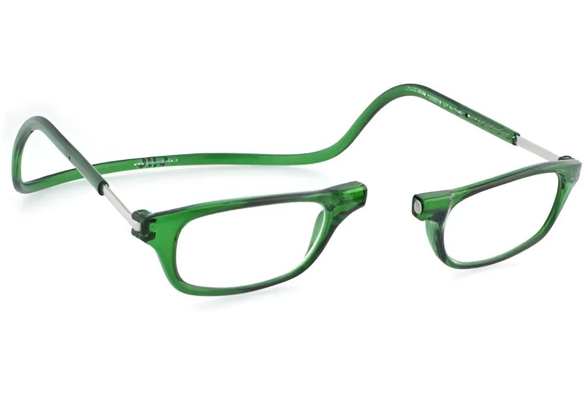 Emerald-framed Clic Readers ORIGINAL Eyeglasses by Clic Readers feature a magnetic bridge designed to split open and rest around the neck, offering hassle-free eyewear when not in use. Emerald-framed Clic Readers ORIGINAL Eyeglasses by Clic Readers feature a magnetic bridge designed to split open and rest around the neck, offering hassle-free eyewear when not in use.