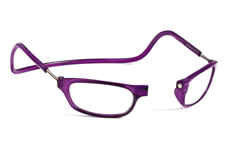 Lavender Clic Readers ORIGINAL eyeglasses with one folded arm, isolated on a white background for hassle-free eyewear. Lavender Clic Readers ORIGINAL eyeglasses with one folded arm, isolated on a white background for hassle-free eyewear.