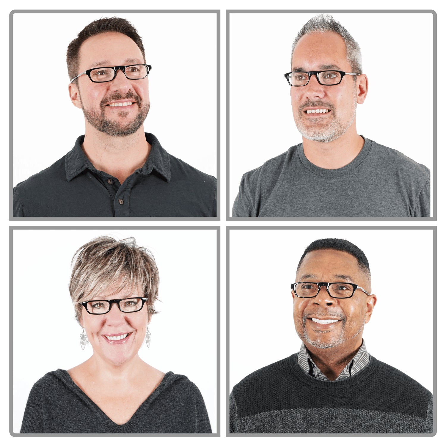 Four individuals smiling, each in their own portrait wearing Clic Readers' ORIGINAL Eyeglasses, arranged in a 2x2 grid on a white background. The eyeglasses showcase a lightweight and durable design that ensures lasting comfort and style. Four individuals smiling, each in their own portrait wearing Clic Readers' ORIGINAL Eyeglasses, arranged in a 2x2 grid on a white background. The eyeglasses showcase a lightweight and durable design that ensures lasting comfort and style.