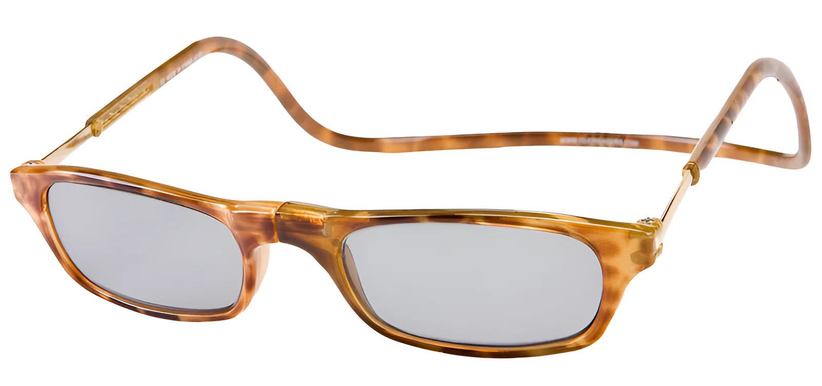 A pair of Clic Readers ORIGINAL sunglasses in a stylish light tortoise & gray color, featuring rectangular lenses with a slight curve in the temples and the brand’s iconic click-to-close feature at +2.00 strength. A pair of Clic Readers ORIGINAL sunglasses in a stylish light tortoise & gray color, featuring rectangular lenses with a slight curve in the temples and the brand’s iconic click-to-close feature at +2.00 strength.