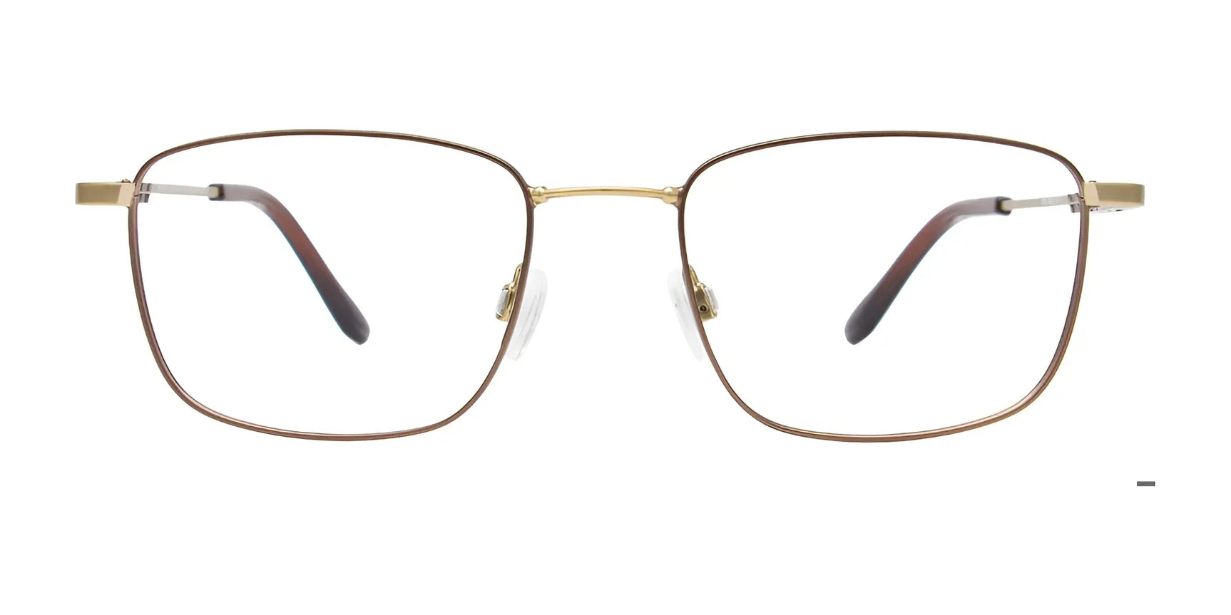 Clip & Twist CT281 rectangular gold eyeglasses with thin frames and clear nose pads, shown on a white background. Compatible with included Clip-on Sunglasses for effortless indoor-to-outdoor transitions. Size 53. Clip & Twist CT281 rectangular gold eyeglasses with thin frames and clear nose pads, shown on a white background. Compatible with included Clip-on Sunglasses for effortless indoor-to-outdoor transitions. Size 53.