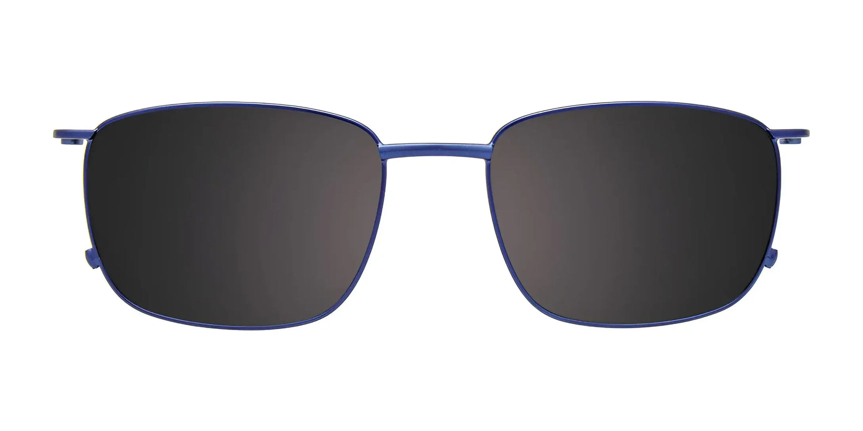 Front view of Clip & Twist CT281 Eyeglasses with Clip-on Sunglasses, featuring a thin blue metal frame and dark lenses, size 53, shown on a white background. Front view of Clip & Twist CT281 Eyeglasses with Clip-on Sunglasses, featuring a thin blue metal frame and dark lenses, size 53, shown on a white background.