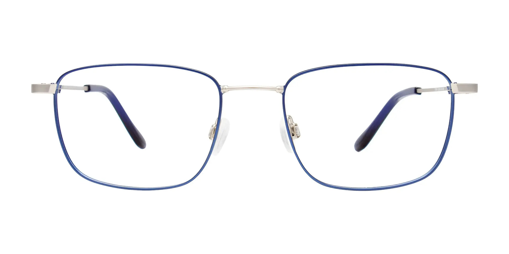 Clip & Twist CT281 Eyeglasses with thin blue rectangular metal frames and clear nose pads, shown from the front. Includes compatible Clip-on Sunglasses for extra convenience. Size 53. Clip & Twist CT281 Eyeglasses with thin blue rectangular metal frames and clear nose pads, shown from the front. Includes compatible Clip-on Sunglasses for extra convenience. Size 53.