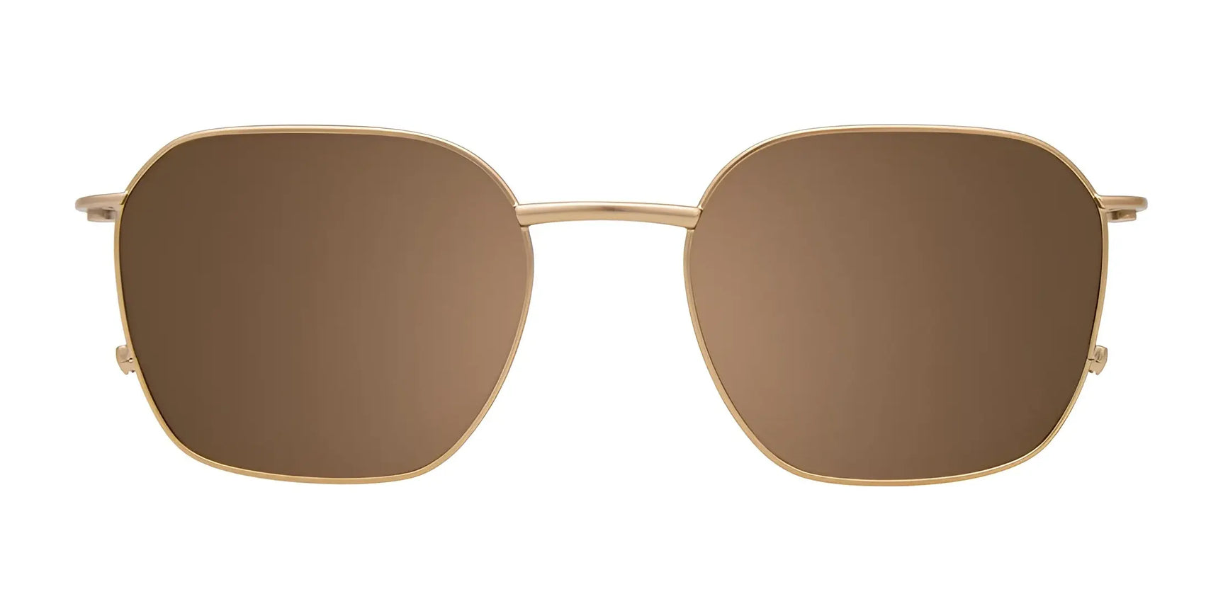 The Clip & Twist CT283 Eyeglasses with Clip-on Sunglasses (Size 52) by Clip & Twist feature a geometric full-rim gold frame and brown, square-tinted clip-on lenses, shown on a white background. The Clip & Twist CT283 Eyeglasses with Clip-on Sunglasses (Size 52) by Clip & Twist feature a geometric full-rim gold frame and brown, square-tinted clip-on lenses, shown on a white background.