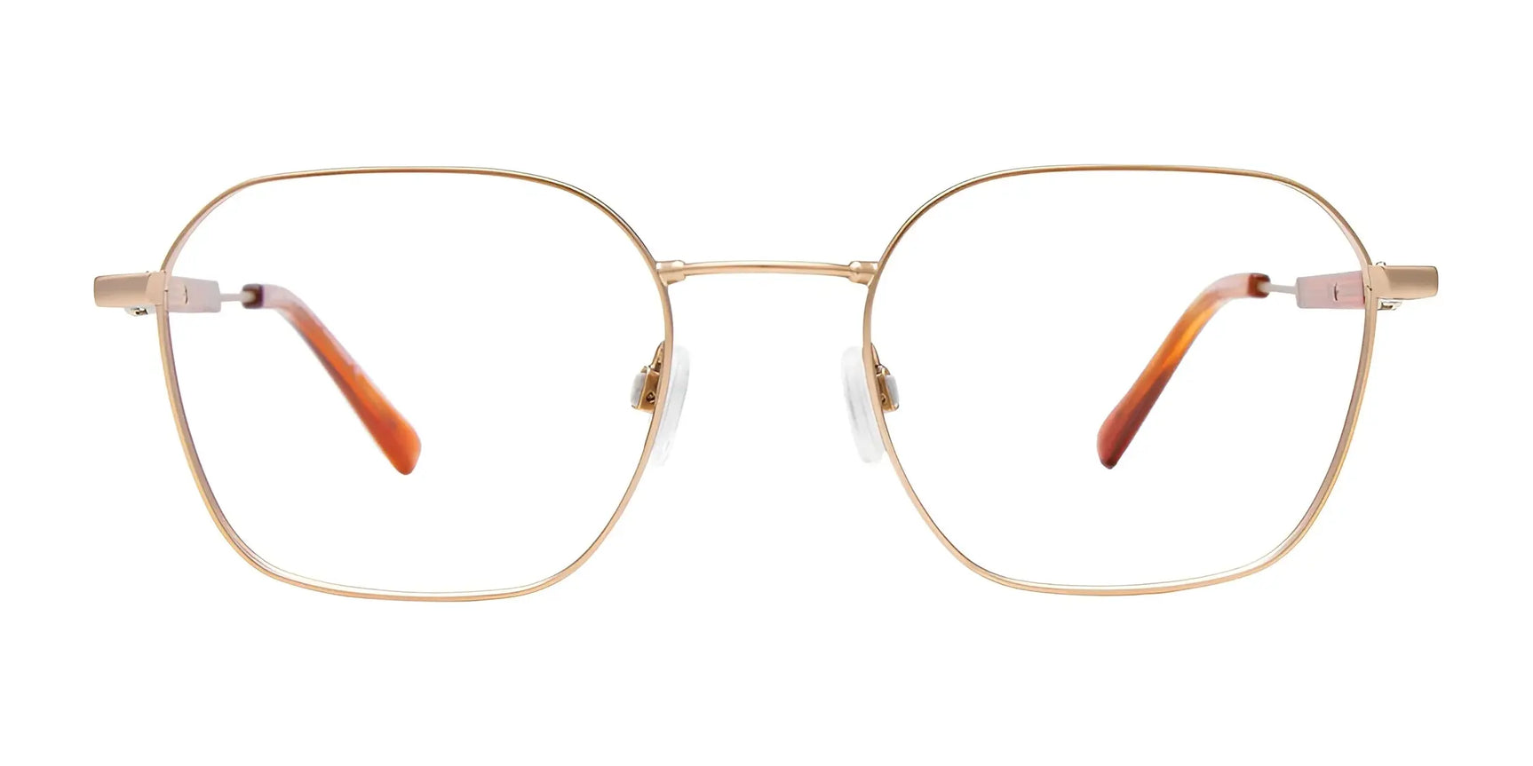 The Clip & Twist CT283 Eyeglasses with Clip-on Sunglasses (Size 52) by Clip & Twist feature a gold geometric full-rim frame with square lenses and brown temple tips, shown on a white background. The Clip & Twist CT283 Eyeglasses with Clip-on Sunglasses (Size 52) by Clip & Twist feature a gold geometric full-rim frame with square lenses and brown temple tips, shown on a white background.