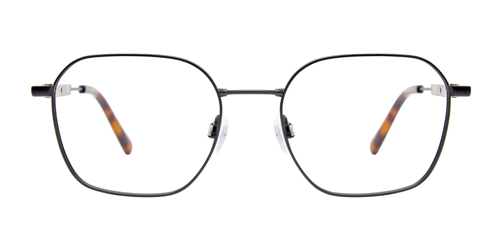 The Clip & Twist CT283 Eyeglasses with Clip-on Sunglasses (Size 52) have a geometric full-rim black front and tortoiseshell-patterned arms, shown on a white background. The Clip & Twist CT283 Eyeglasses with Clip-on Sunglasses (Size 52) have a geometric full-rim black front and tortoiseshell-patterned arms, shown on a white background.