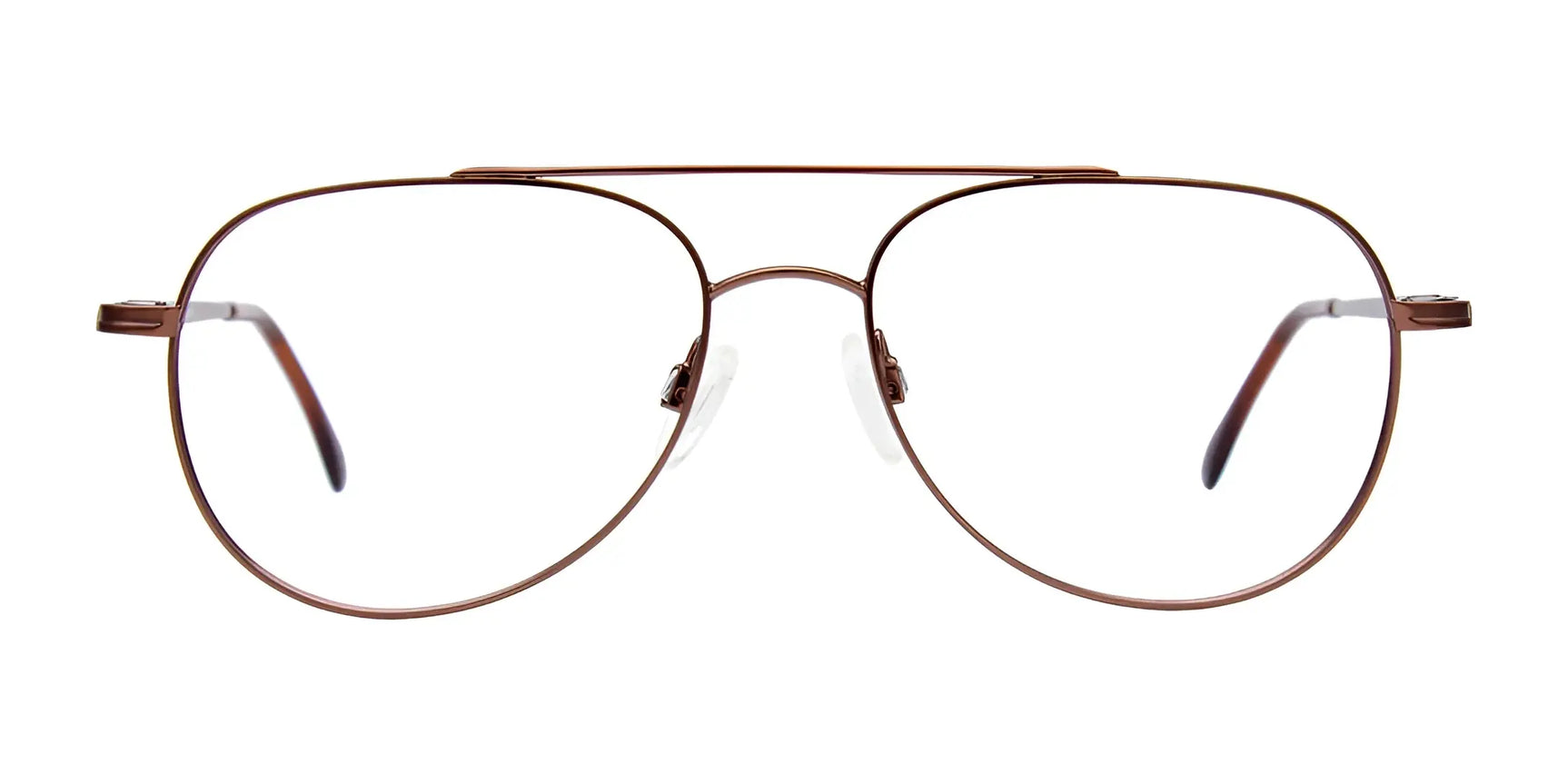 CoolClip CC827 Eyeglasses with clip-on sunglasses, size 53, by CoolClip—brown metal aviator frames with clear lenses, displayed on a white background. CoolClip CC827 Eyeglasses with clip-on sunglasses, size 53, by CoolClip—brown metal aviator frames with clear lenses, displayed on a white background.