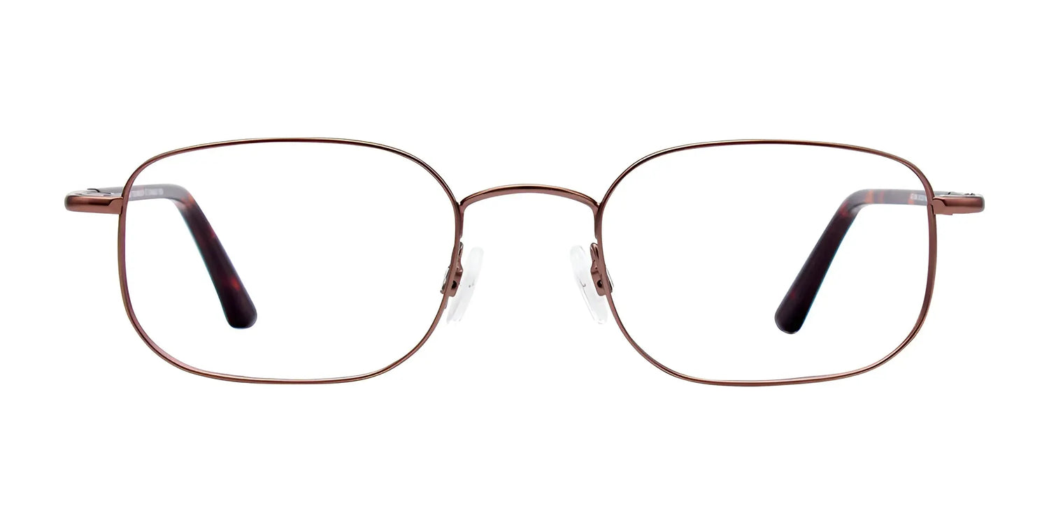CoolClip CC836 Eyeglasses by CoolClip, size 51, shown in brown metal with clear lenses and a clip-on sunglasses feature; pictured on a white background, front view. CoolClip CC836 Eyeglasses by CoolClip, size 51, shown in brown metal with clear lenses and a clip-on sunglasses feature; pictured on a white background, front view.