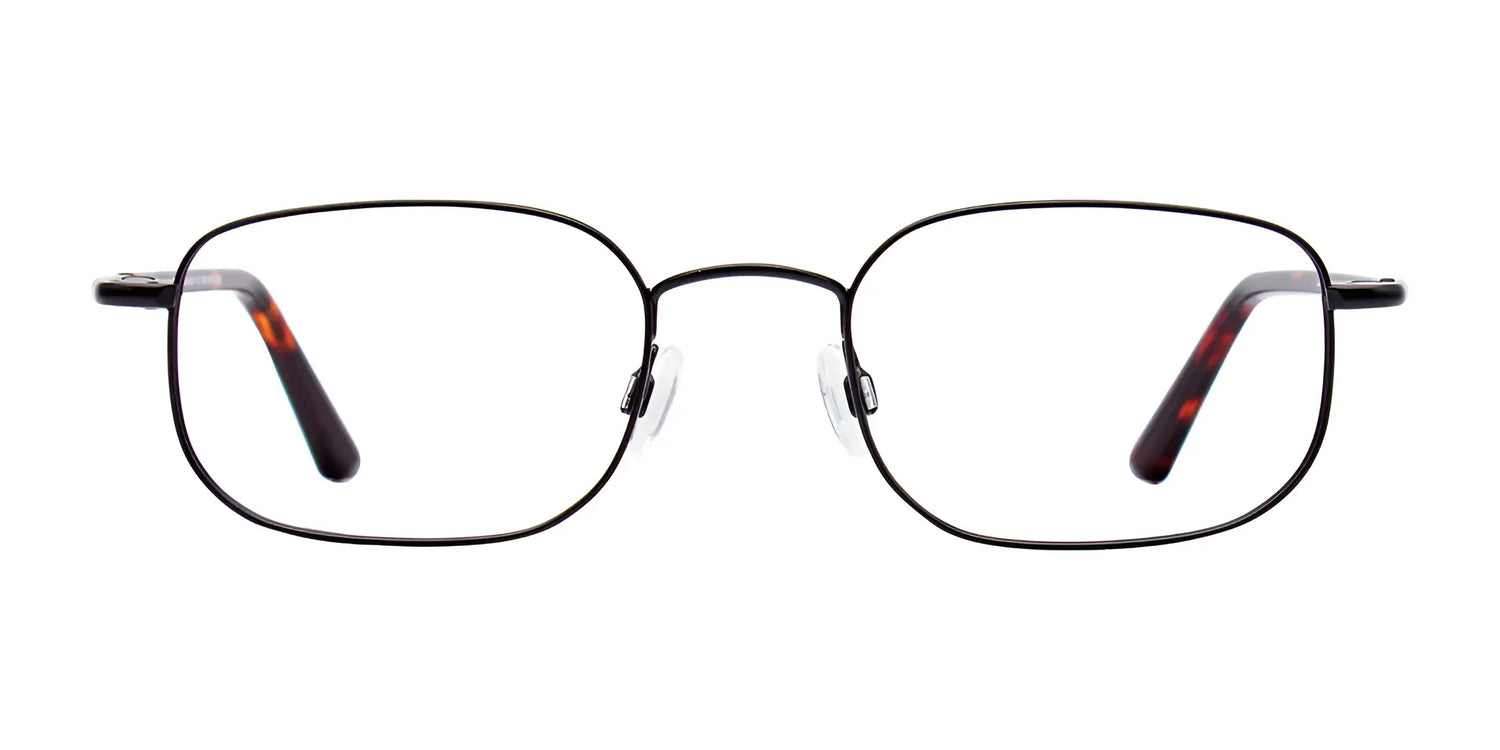 CoolClip CC836 Eyeglasses by CoolClip, size 51, feature a black rectangular thin metal frame with clear lenses and a convenient clip-on for an easy switch to polarized sunglasses. Shown on a white background. CoolClip CC836 Eyeglasses by CoolClip, size 51, feature a black rectangular thin metal frame with clear lenses and a convenient clip-on for an easy switch to polarized sunglasses. Shown on a white background.