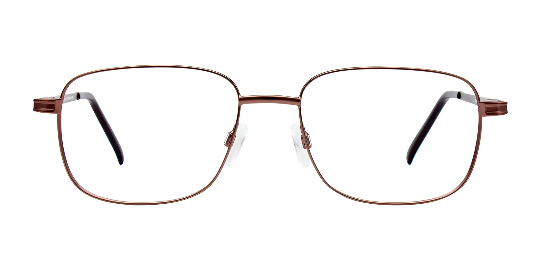 CoolClip CC838 Eyeglasses with Clip-on Sunglasses | Size 55 feature brown rectangle full-rim thin metal frames and black temple tips, shown from the front. Brand: CoolClip. CoolClip CC838 Eyeglasses with Clip-on Sunglasses | Size 55 feature brown rectangle full-rim thin metal frames and black temple tips, shown from the front. Brand: CoolClip.