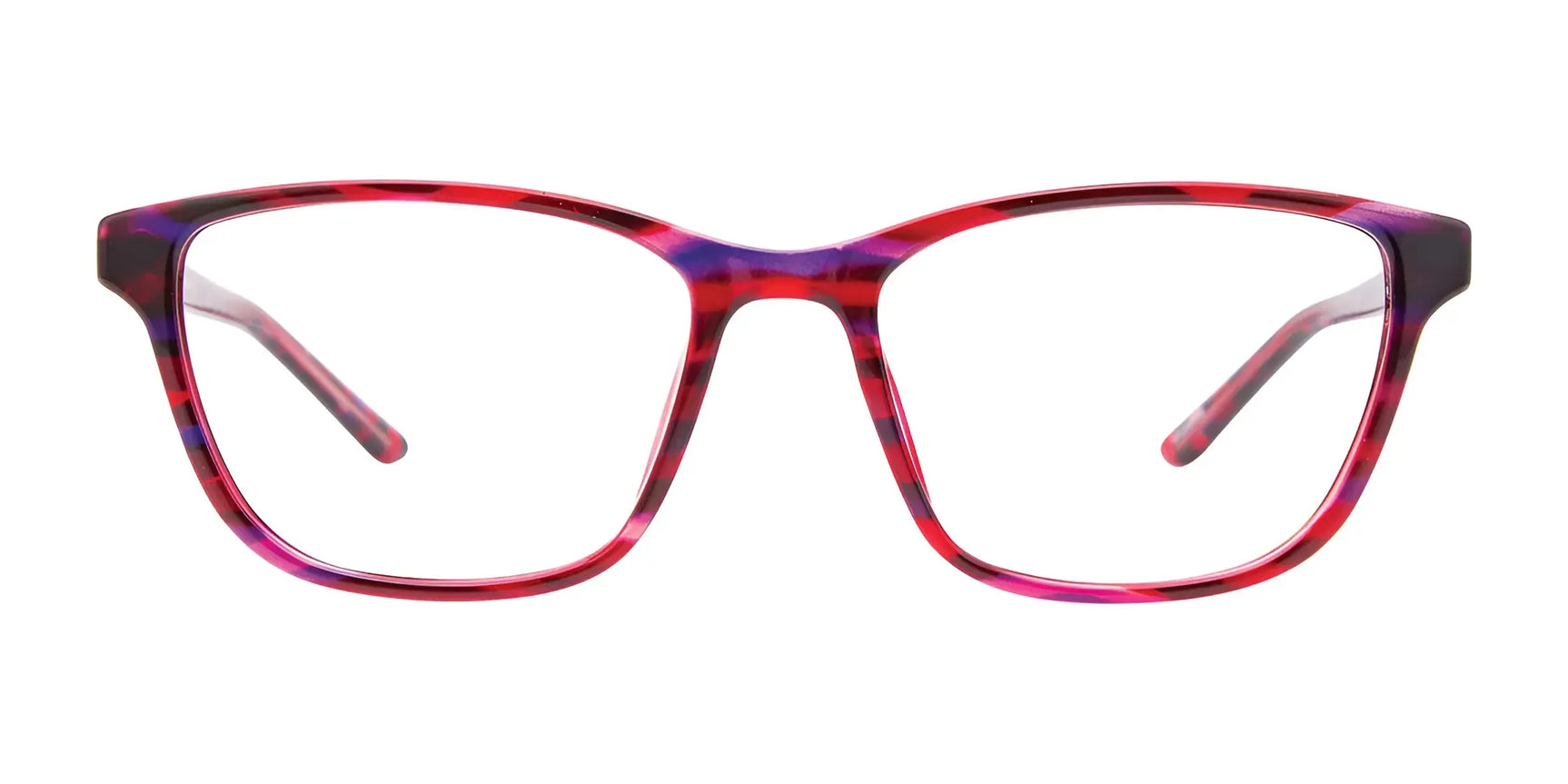 CoolClip CC841 Eyeglasses with Clip-on Sunglasses by CoolClip, featuring a red and purple marbled rectangular frame, shown from the front on a white background. Size 49. CoolClip CC841 Eyeglasses with Clip-on Sunglasses by CoolClip, featuring a red and purple marbled rectangular frame, shown from the front on a white background. Size 49.