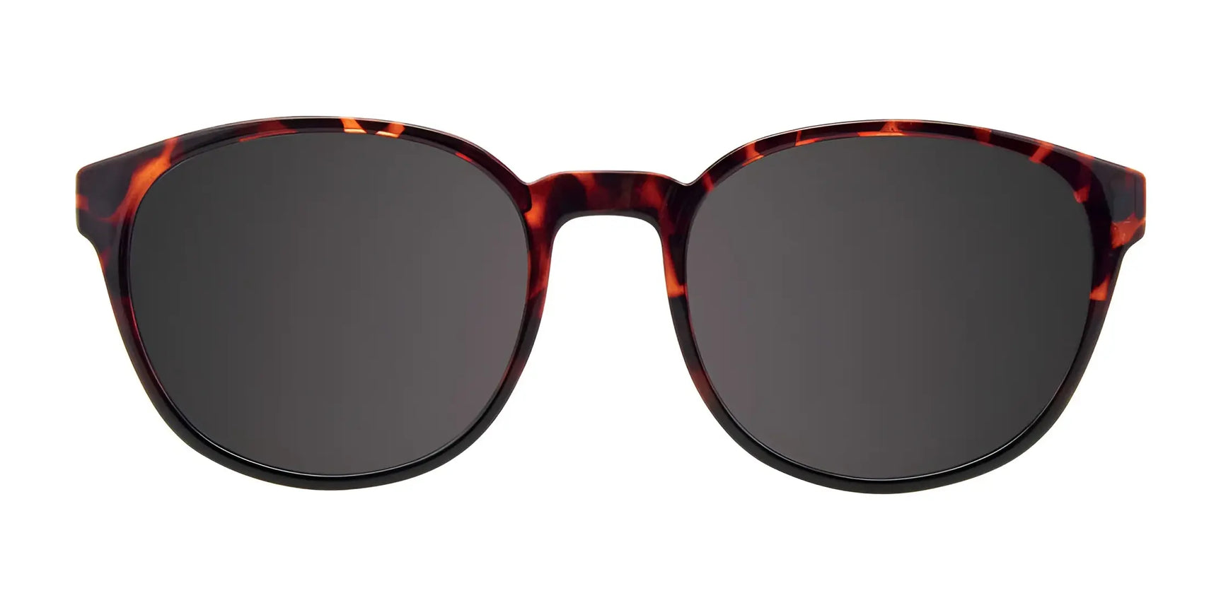 CoolClip CC842 Eyeglasses with Clip-on Sunglasses in size 48 by CoolClip, featuring a tortoiseshell frame and round dark lenses, front view on a white background. CoolClip CC842 Eyeglasses with Clip-on Sunglasses in size 48 by CoolClip, featuring a tortoiseshell frame and round dark lenses, front view on a white background.