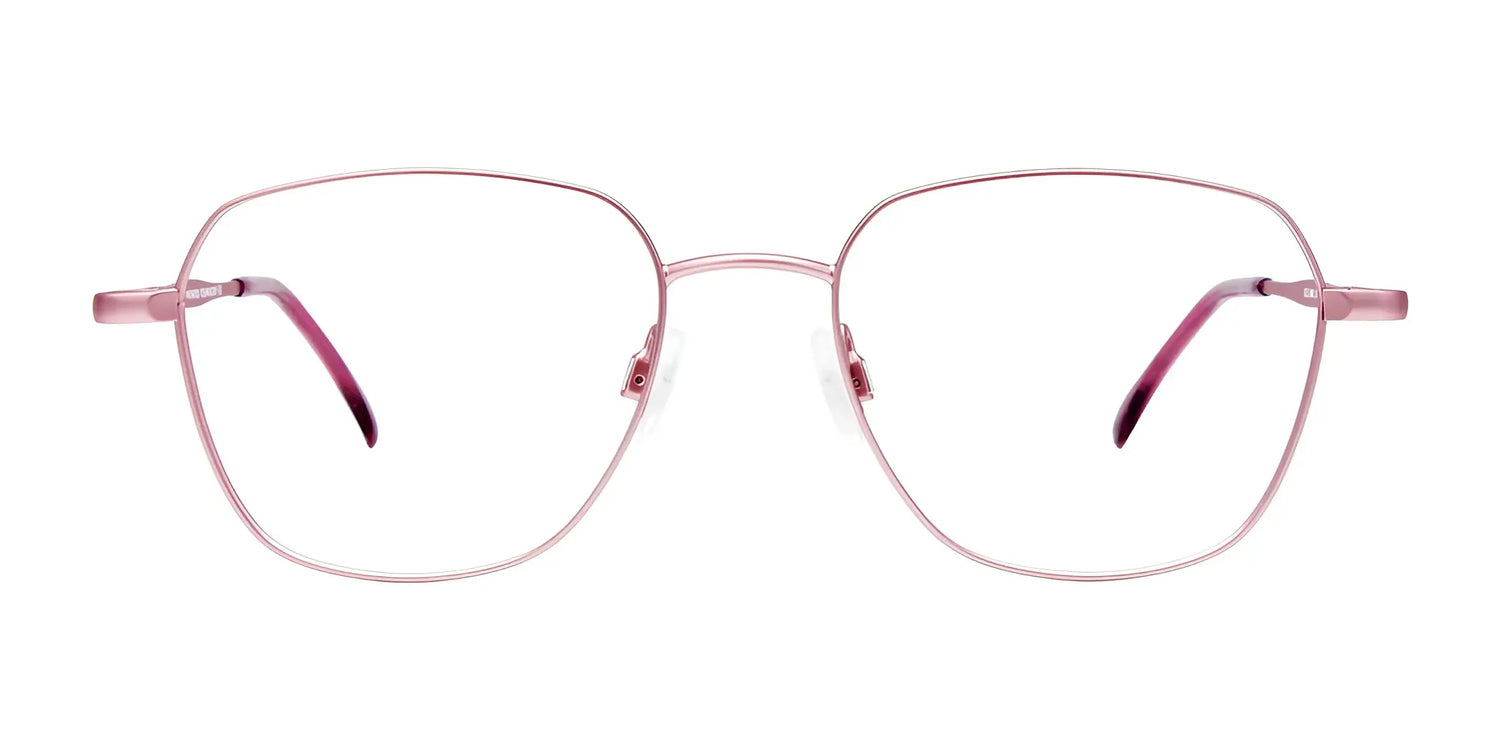 CoolClip CC845 eyeglasses by CoolClip feature thin pink metal frames, large square lenses, and a handy clip-on design for sunglasses, displayed on a white background. Size 51. CoolClip CC845 eyeglasses by CoolClip feature thin pink metal frames, large square lenses, and a handy clip-on design for sunglasses, displayed on a white background. Size 51.