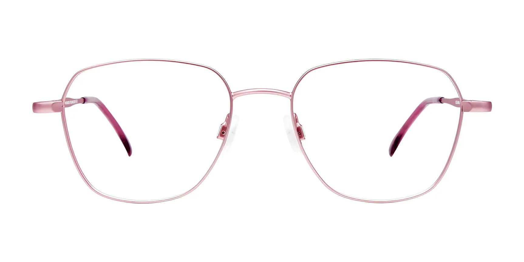 CoolClip CC845 eyeglasses by CoolClip feature thin pink metal frames, large square lenses, and a handy clip-on design for sunglasses, displayed on a white background. Size 51. CoolClip CC845 eyeglasses by CoolClip feature thin pink metal frames, large square lenses, and a handy clip-on design for sunglasses, displayed on a white background. Size 51.