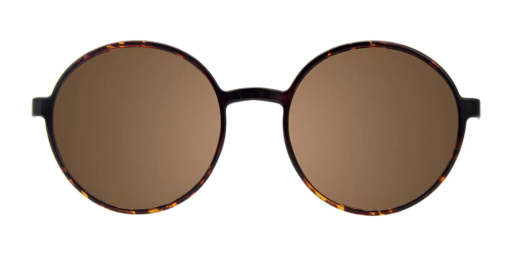 CoolClip CC850 Eyeglasses with Clip-on Sunglasses (Size 50) by CoolClip are shown from the front on a white background. These round tortoiseshell frames feature brown clip-on lenses that fit easily over prescription eyeglasses. CoolClip CC850 Eyeglasses with Clip-on Sunglasses (Size 50) by CoolClip are shown from the front on a white background. These round tortoiseshell frames feature brown clip-on lenses that fit easily over prescription eyeglasses.