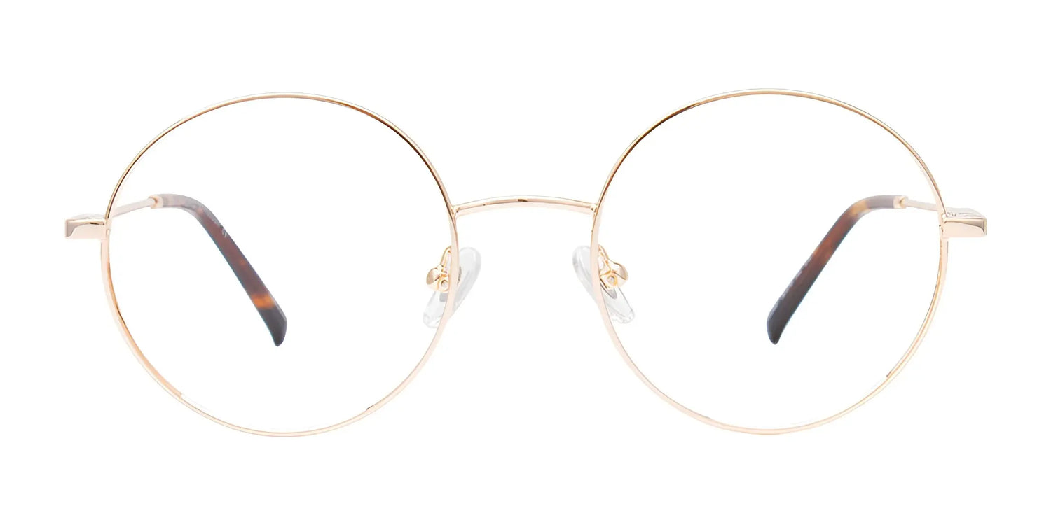 CoolClip CC850 Eyeglasses with Clip-on Sunglasses (Size 50) by CoolClip feature round, gold frames with clear lenses and thin metal arms, shown against a white background. CoolClip CC850 Eyeglasses with Clip-on Sunglasses (Size 50) by CoolClip feature round, gold frames with clear lenses and thin metal arms, shown against a white background.