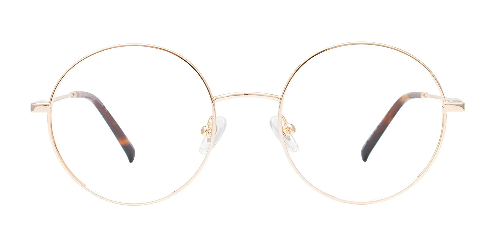 CoolClip CC850 Eyeglasses with Clip-on Sunglasses (Size 50) by CoolClip feature round, gold frames with clear lenses and thin metal arms, shown against a white background. CoolClip CC850 Eyeglasses with Clip-on Sunglasses (Size 50) by CoolClip feature round, gold frames with clear lenses and thin metal arms, shown against a white background.