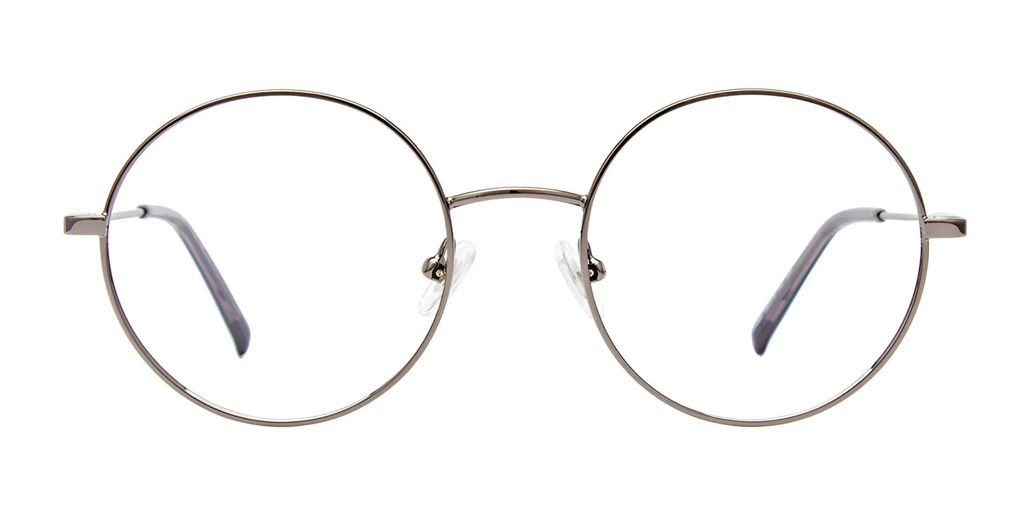 CoolClip CC850 Eyeglasses with Clip-on Sunglasses by CoolClip, size 50, featuring round metal frames and clear prescription lenses, shown on a white background. CoolClip CC850 Eyeglasses with Clip-on Sunglasses by CoolClip, size 50, featuring round metal frames and clear prescription lenses, shown on a white background.
