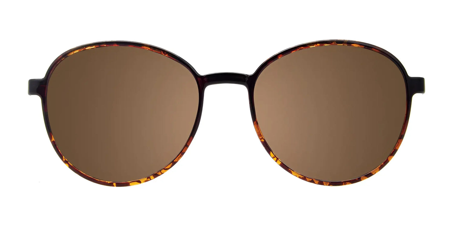 Front view of CoolClip CC852 Eyeglasses with Clip-on Sunglasses, size 53, from CoolClip, featuring round tortoiseshell frames and brown polarized lenses against a white background. Front view of CoolClip CC852 Eyeglasses with Clip-on Sunglasses, size 53, from CoolClip, featuring round tortoiseshell frames and brown polarized lenses against a white background.