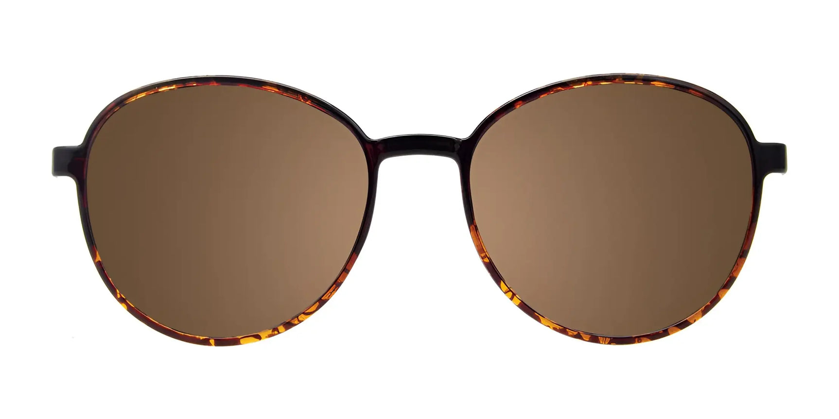 Front view of CoolClip CC852 Eyeglasses with Clip-on Sunglasses, size 53, from CoolClip, featuring round tortoiseshell frames and brown polarized lenses against a white background. Front view of CoolClip CC852 Eyeglasses with Clip-on Sunglasses, size 53, from CoolClip, featuring round tortoiseshell frames and brown polarized lenses against a white background.