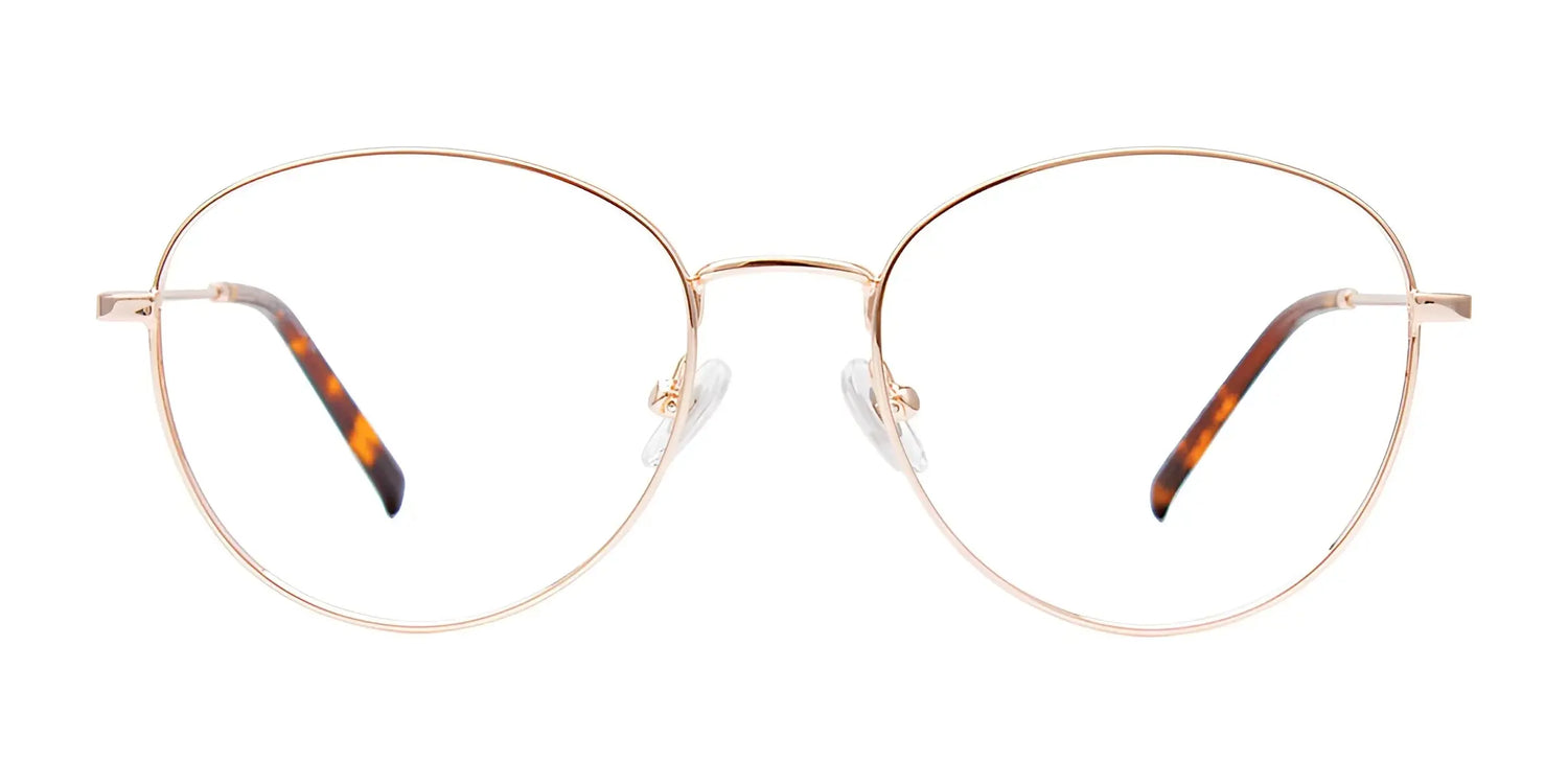 CoolClip CC852 Eyeglasses with gold round thin frames and tortoiseshell-patterned temple tips, size 53, pair perfectly with matching clip-on sunglasses. Shown on a white background. CoolClip CC852 Eyeglasses with gold round thin frames and tortoiseshell-patterned temple tips, size 53, pair perfectly with matching clip-on sunglasses. Shown on a white background.