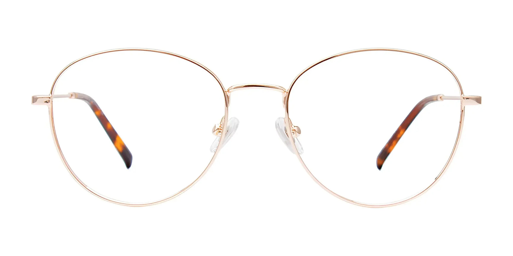 CoolClip CC852 Eyeglasses with gold round thin frames and tortoiseshell-patterned temple tips, size 53, pair perfectly with matching clip-on sunglasses. Shown on a white background. CoolClip CC852 Eyeglasses with gold round thin frames and tortoiseshell-patterned temple tips, size 53, pair perfectly with matching clip-on sunglasses. Shown on a white background.