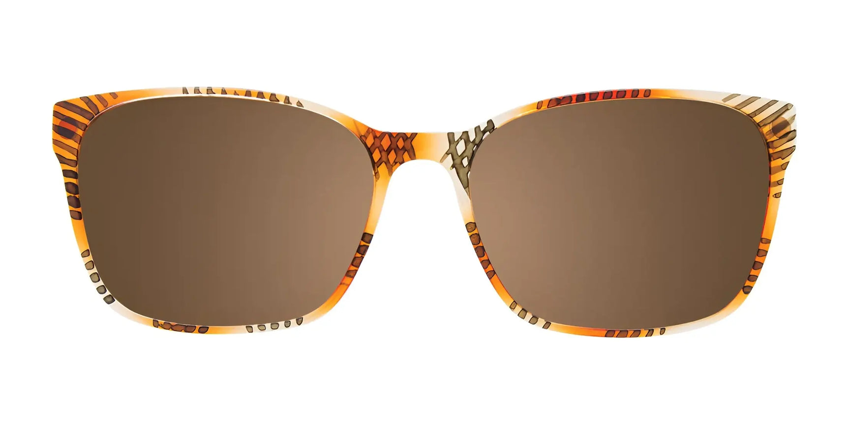 CoolClip CC853 Eyeglasses with Clip-on Sunglasses, size 53, feature an orange patterned rectangular frame and brown lenses—prescription ready. CoolClip CC853 Eyeglasses with Clip-on Sunglasses, size 53, feature an orange patterned rectangular frame and brown lenses—prescription ready.