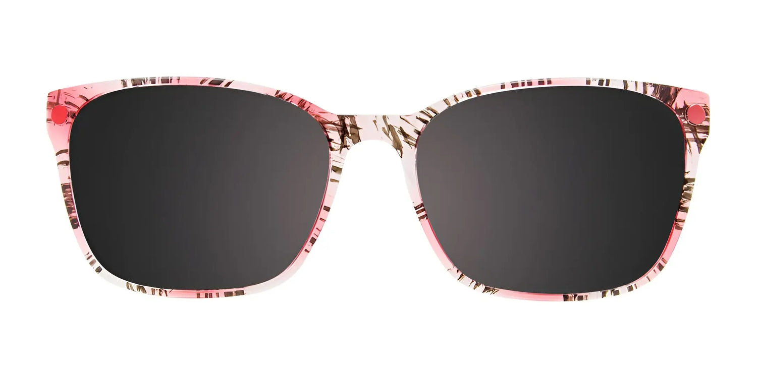 The CoolClip CC853 Eyeglasses with Clip-on Sunglasses (Size 53) feature a pink, brown, and white patterned frame with black lenses. These stylish CoolClip glasses are prescription ready for convenience. The CoolClip CC853 Eyeglasses with Clip-on Sunglasses (Size 53) feature a pink, brown, and white patterned frame with black lenses. These stylish CoolClip glasses are prescription ready for convenience.