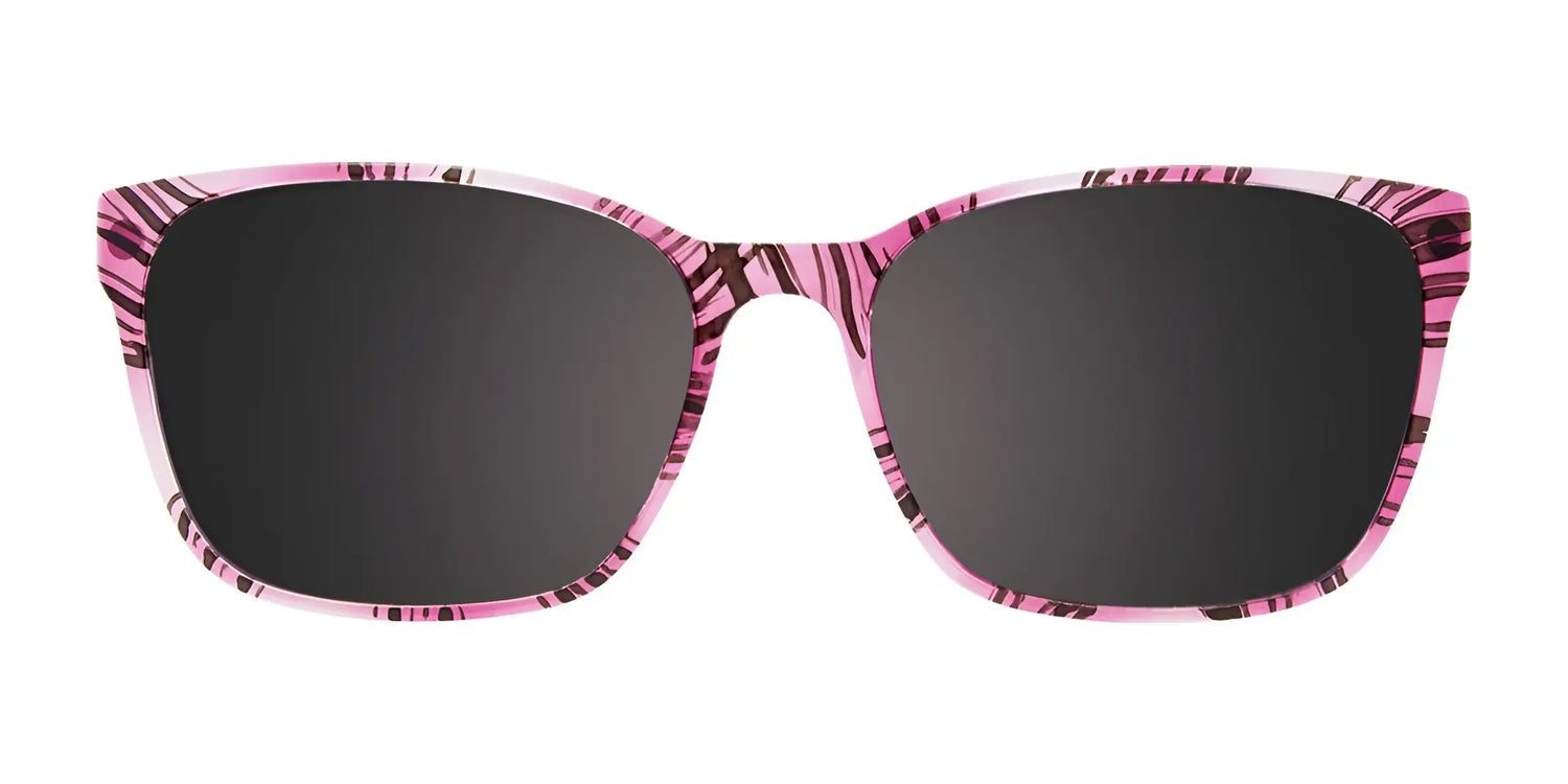 Front view of CoolClip CC853 Eyeglasses by CoolClip, size 53, featuring a pink frame with brown and black tiger stripes, black lenses, polarized clip-on sunglasses, and prescription-ready design for style and function. Front view of CoolClip CC853 Eyeglasses by CoolClip, size 53, featuring a pink frame with brown and black tiger stripes, black lenses, polarized clip-on sunglasses, and prescription-ready design for style and function.