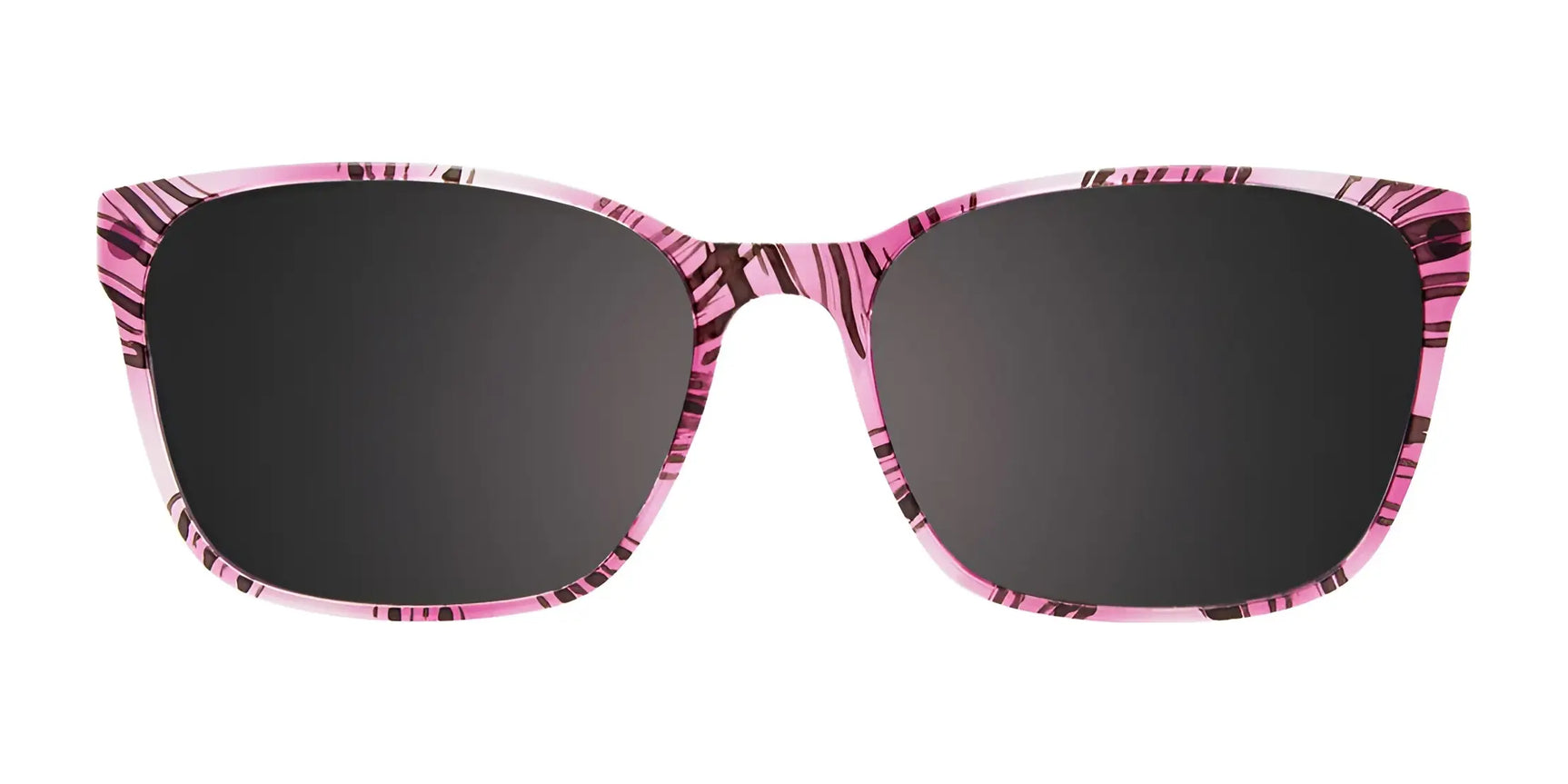 Front view of CoolClip CC853 Eyeglasses by CoolClip, size 53, featuring a pink frame with brown and black tiger stripes, black lenses, polarized clip-on sunglasses, and prescription-ready design for style and function. Front view of CoolClip CC853 Eyeglasses by CoolClip, size 53, featuring a pink frame with brown and black tiger stripes, black lenses, polarized clip-on sunglasses, and prescription-ready design for style and function.
