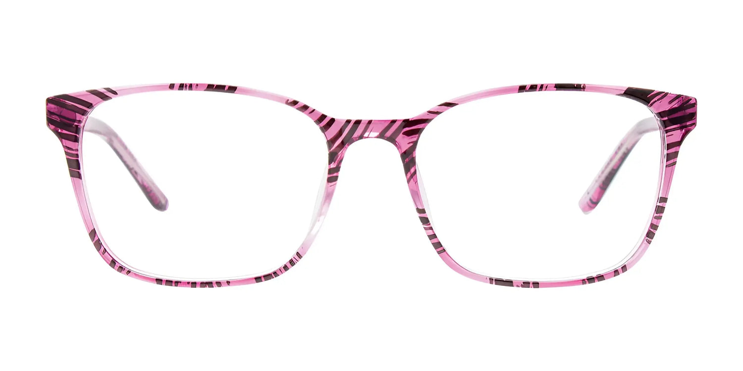 The CoolClip CC853 Eyeglasses with Clip-on Sunglasses | Size 53 feature a pink and black striped rectangular frame, prescription ready and displayed on a white background. The CoolClip CC853 Eyeglasses with Clip-on Sunglasses | Size 53 feature a pink and black striped rectangular frame, prescription ready and displayed on a white background.