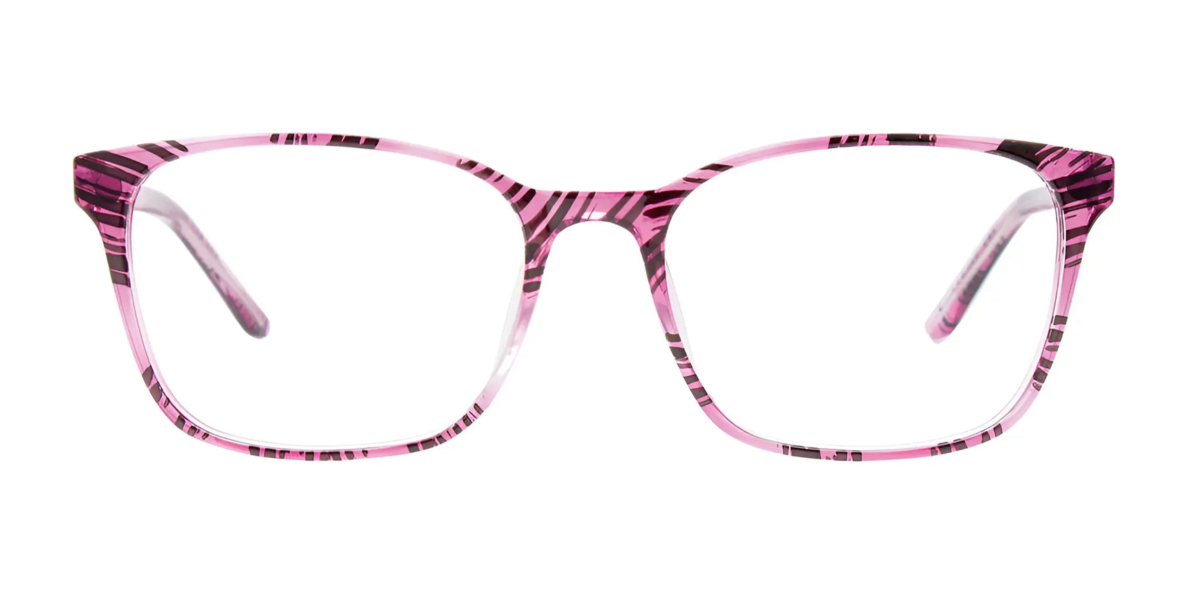 The CoolClip CC853 Eyeglasses with Clip-on Sunglasses | Size 53 feature a pink and black striped rectangular frame, prescription ready and displayed on a white background. The CoolClip CC853 Eyeglasses with Clip-on Sunglasses | Size 53 feature a pink and black striped rectangular frame, prescription ready and displayed on a white background.