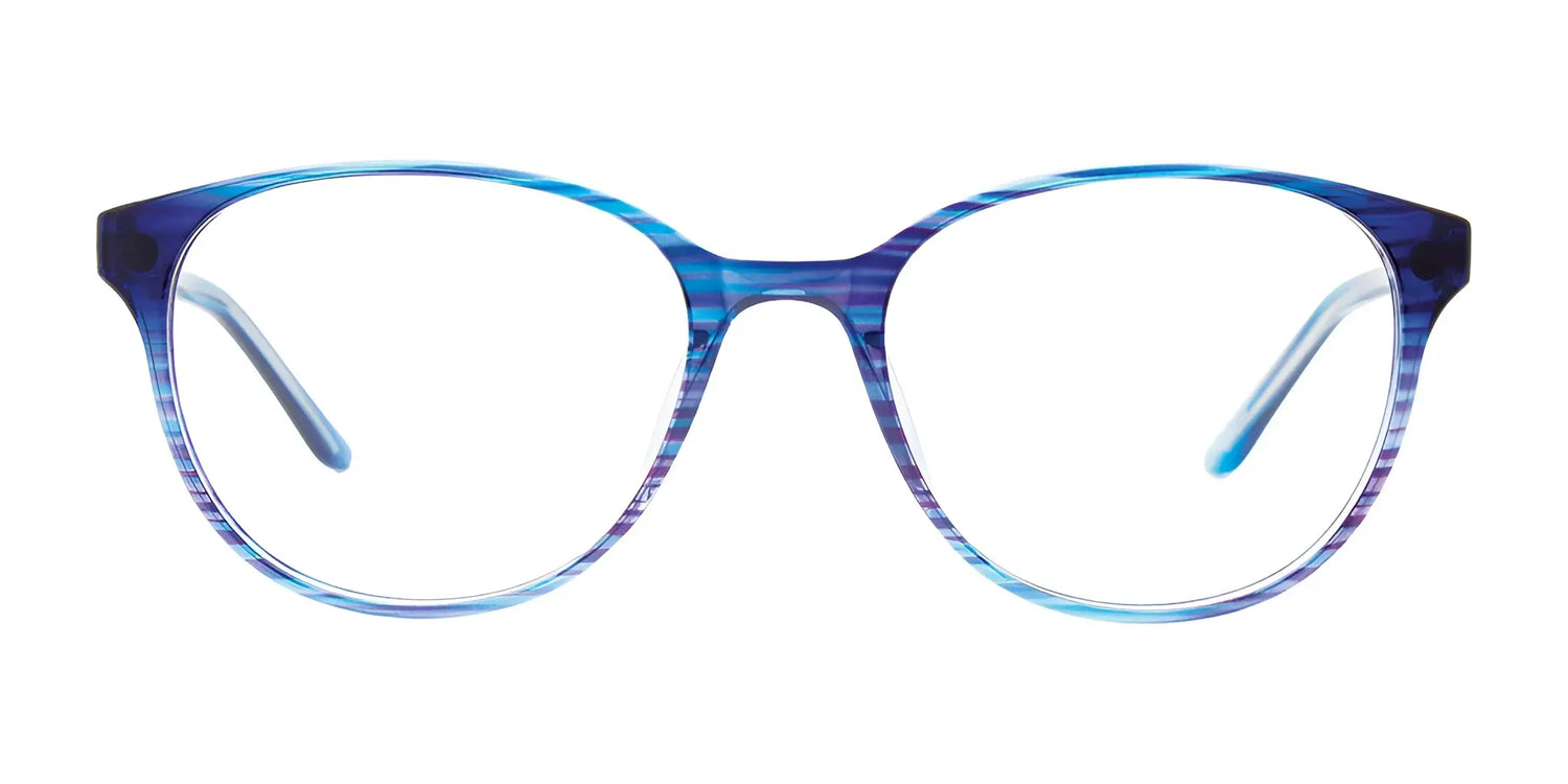 Round blue and purple striped CoolClip CC854 Eyeglasses with Clip-on Sunglasses, Size 51, by CoolClip, shown on a white background. Features a convenient clip-on for easy transition to polarized sunglasses. Round blue and purple striped CoolClip CC854 Eyeglasses with Clip-on Sunglasses, Size 51, by CoolClip, shown on a white background. Features a convenient clip-on for easy transition to polarized sunglasses.