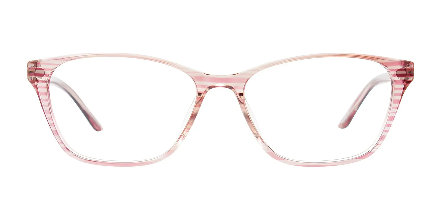 CoolClip CC855 Eyeglasses with Clip-on Sunglasses (Size 51) by CoolClip, shown in translucent pink with a slight cat-eye shape and convenient CoolClip technology, are displayed on a white background. CoolClip CC855 Eyeglasses with Clip-on Sunglasses (Size 51) by CoolClip, shown in translucent pink with a slight cat-eye shape and convenient CoolClip technology, are displayed on a white background.