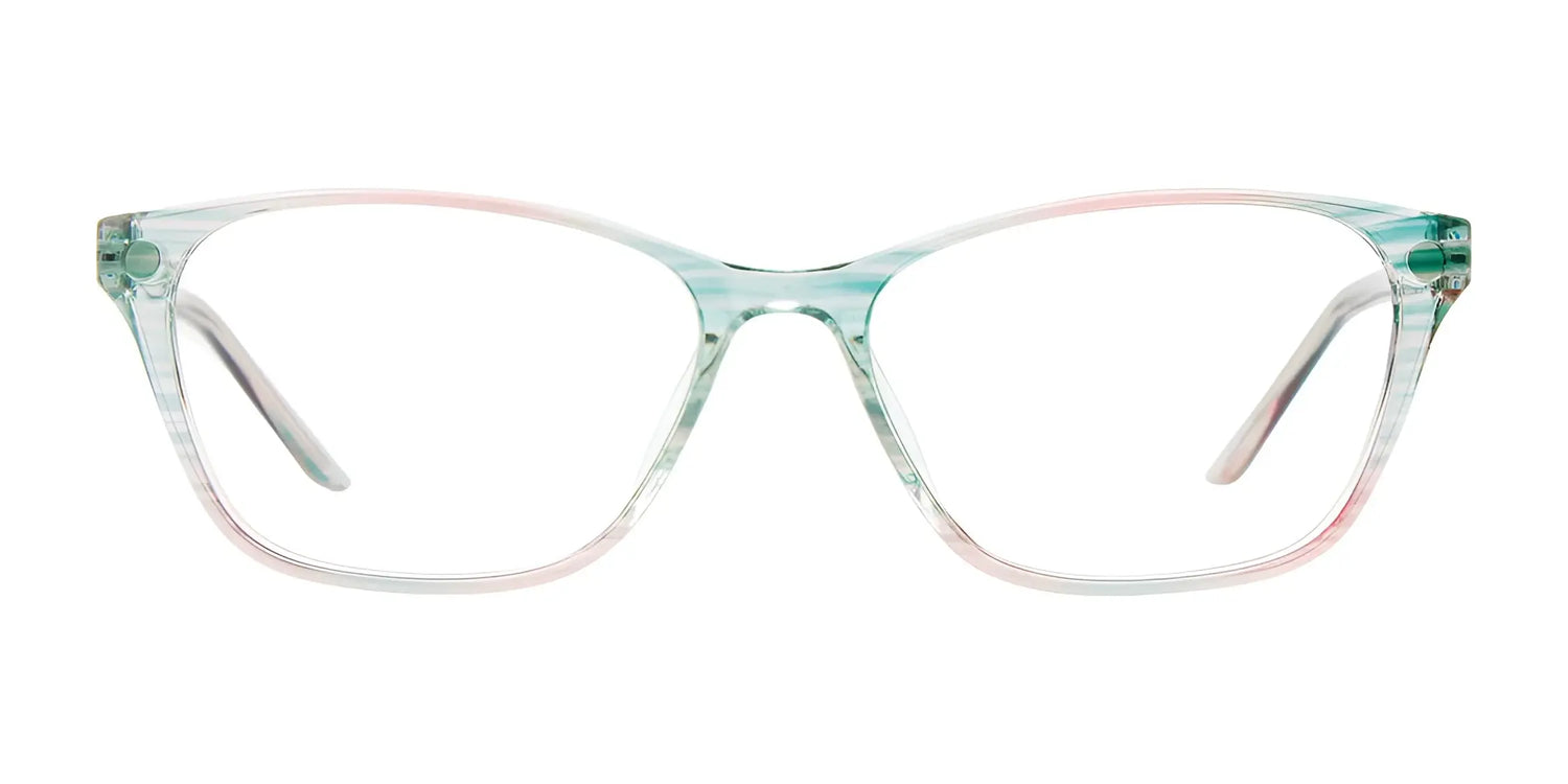 The CoolClip CC855 pastel blue and pink rectangular eyeglasses, size 51, feature thin frames and seamless clip-on sunglasses. Displayed on a white background. Brand: CoolClip. The CoolClip CC855 pastel blue and pink rectangular eyeglasses, size 51, feature thin frames and seamless clip-on sunglasses. Displayed on a white background. Brand: CoolClip.