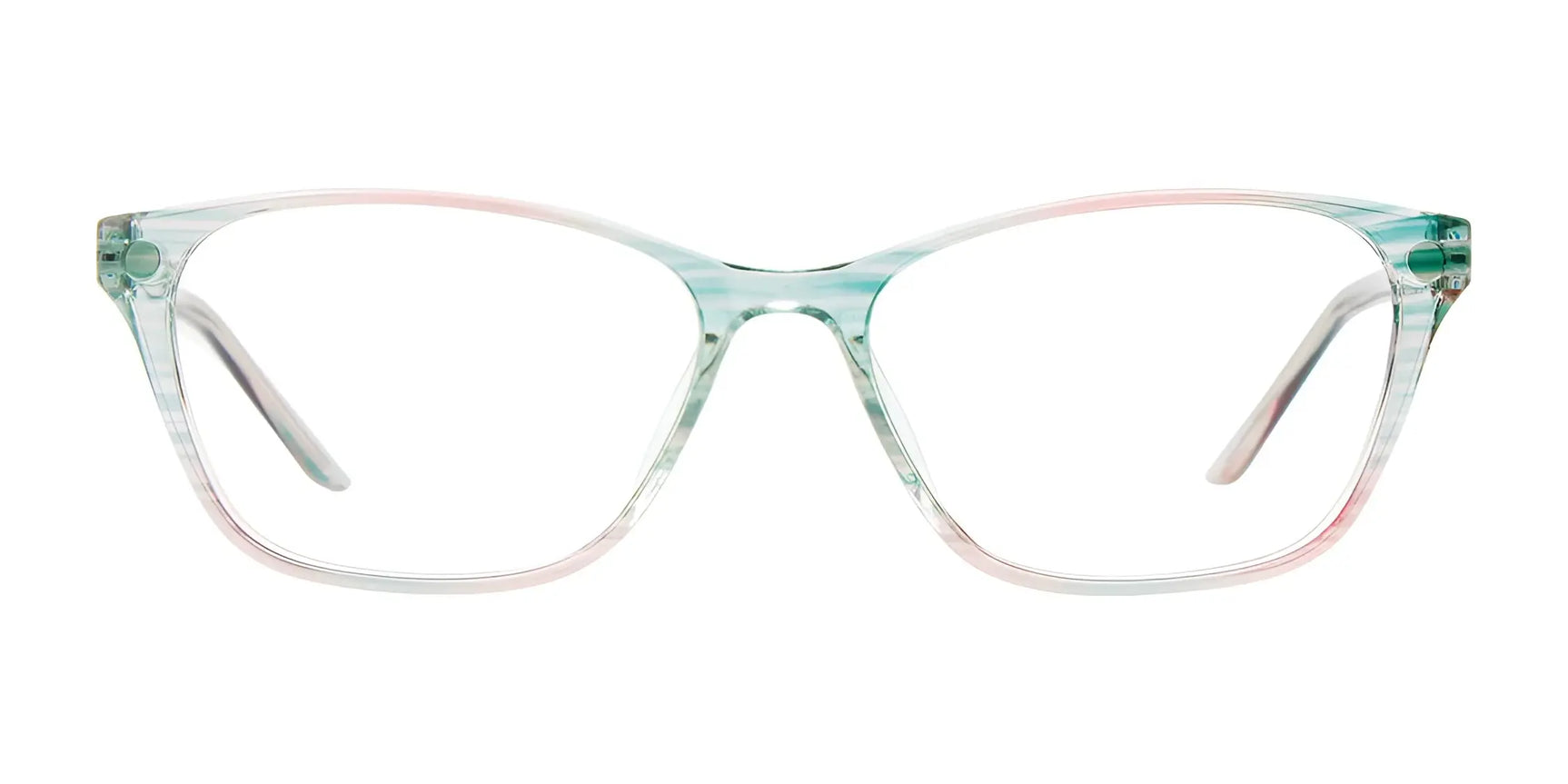The CoolClip CC855 pastel blue and pink rectangular eyeglasses, size 51, feature thin frames and seamless clip-on sunglasses. Displayed on a white background. Brand: CoolClip. The CoolClip CC855 pastel blue and pink rectangular eyeglasses, size 51, feature thin frames and seamless clip-on sunglasses. Displayed on a white background. Brand: CoolClip.