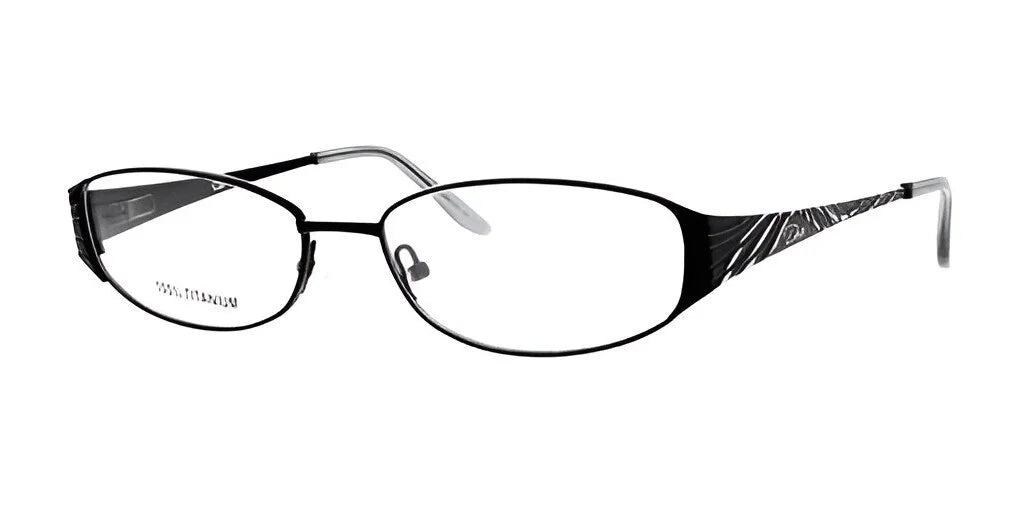 The DEA Eyewear CELIA Eyeglasses | Size 57 feature stylish black oval frames with decorative arms and transparent lenses, elegantly set against a white background. The DEA Eyewear CELIA Eyeglasses | Size 57 feature stylish black oval frames with decorative arms and transparent lenses, elegantly set against a white background.