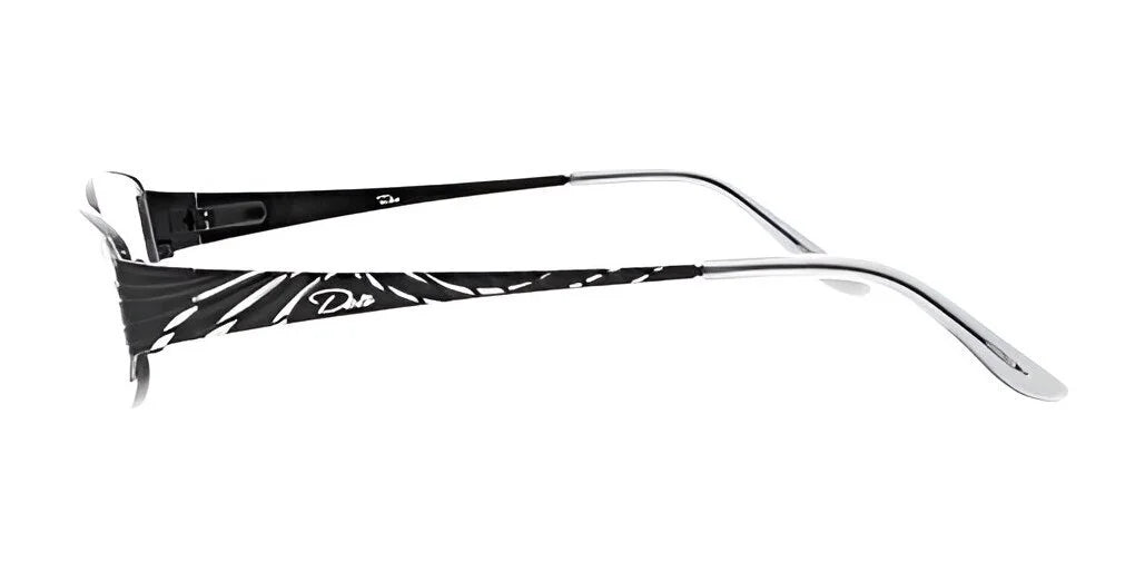 A side view of the DEA Eyewear CELIA Eyeglasses, size 57, highlights a chic black and silver design with an elegant white pattern adorning the temples. A side view of the DEA Eyewear CELIA Eyeglasses, size 57, highlights a chic black and silver design with an elegant white pattern adorning the temples.