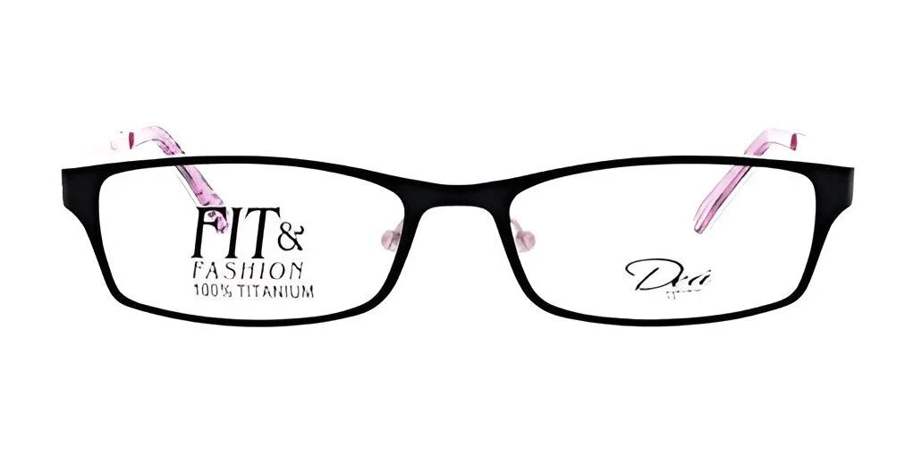The DEA Eyewear FELISA Eyeglasses, in size 53, are rectangular and full-rimmed with a sleek black frame complemented by pink-accented temples. The lenses display the text "FIT & FASHION 100% Titanium," offering a design that is both premium and timeless. The DEA Eyewear FELISA Eyeglasses, in size 53, are rectangular and full-rimmed with a sleek black frame complemented by pink-accented temples. The lenses display the text "FIT & FASHION 100% Titanium," offering a design that is both premium and timeless.
