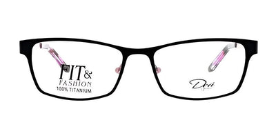 Black rectangular eyeglass frames featuring the inscriptions "FIT & FASHION 100% TITANIUM" and "Dra" on the lenses from DEA Eyewear, exemplifying a sleek, fashion-forward style, are available under the product name ILARIA Eyeglasses in size 55.